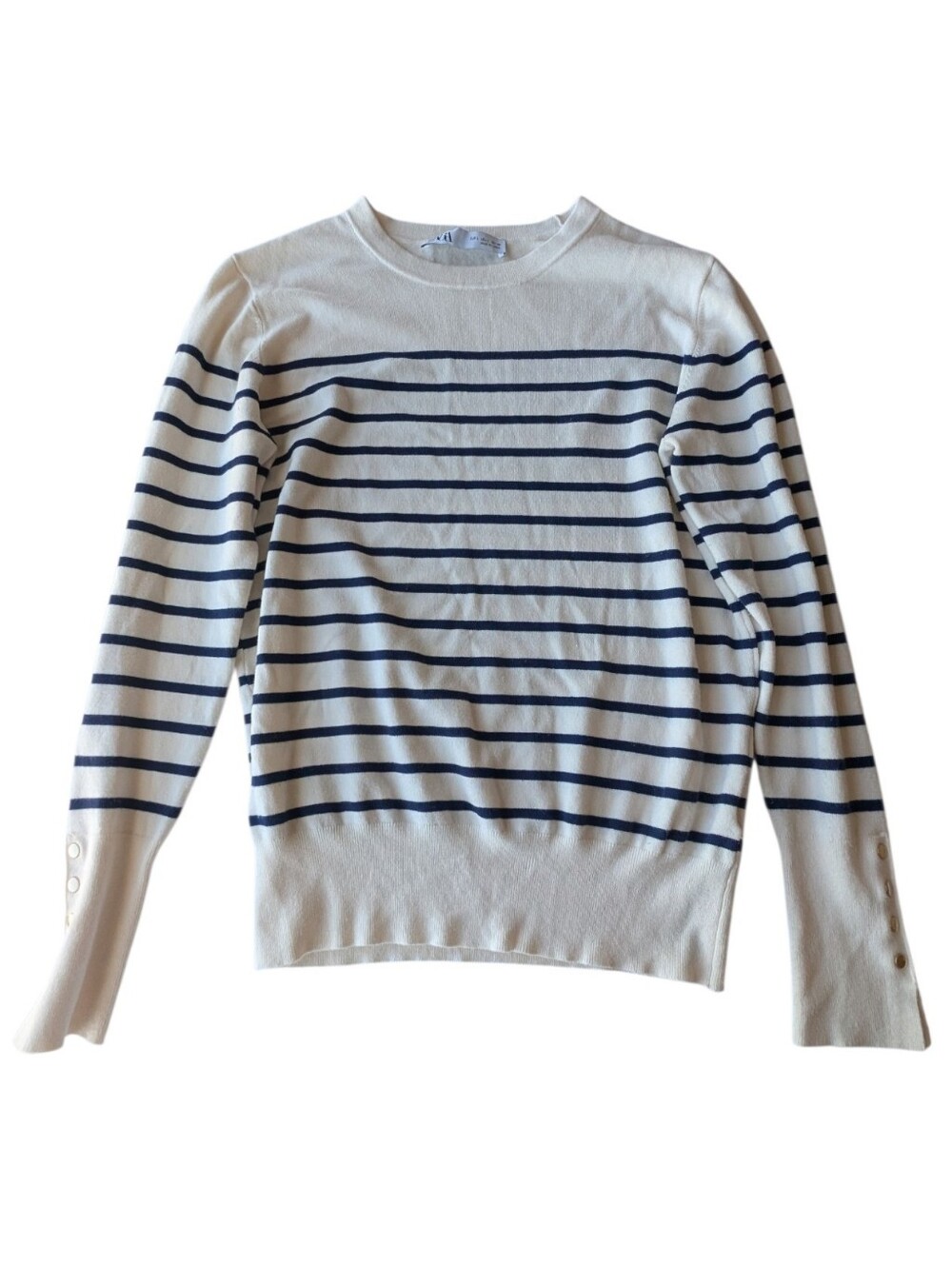 Zara Cream & Navy Breton Stripe Crewneck Sweater Gold Buttons Sz L